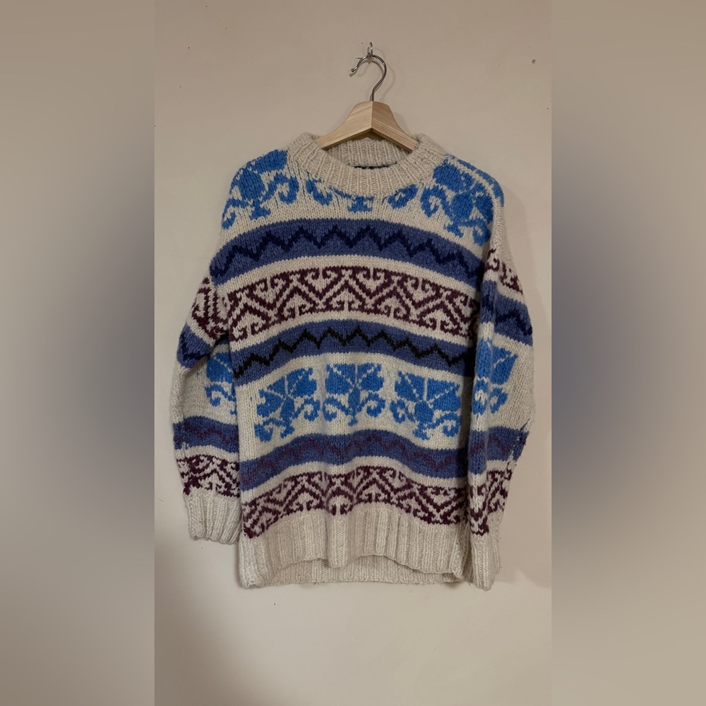 🩵 Vintage 90s 100% Wool Otavalo Knit Sweater | Chunky Fair Isle Cozy Pullover - Picture 8 of 10